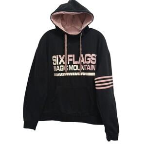 Vtg 2000s Six Flags Magic Mountain Hoodie Women XL Black Rollercoaster Tracks